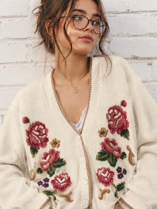 Vintage Sweaters - Vintage 90’s Cottagecore Floral Cardigan Sweater Oversized Slouchy S Whimsical